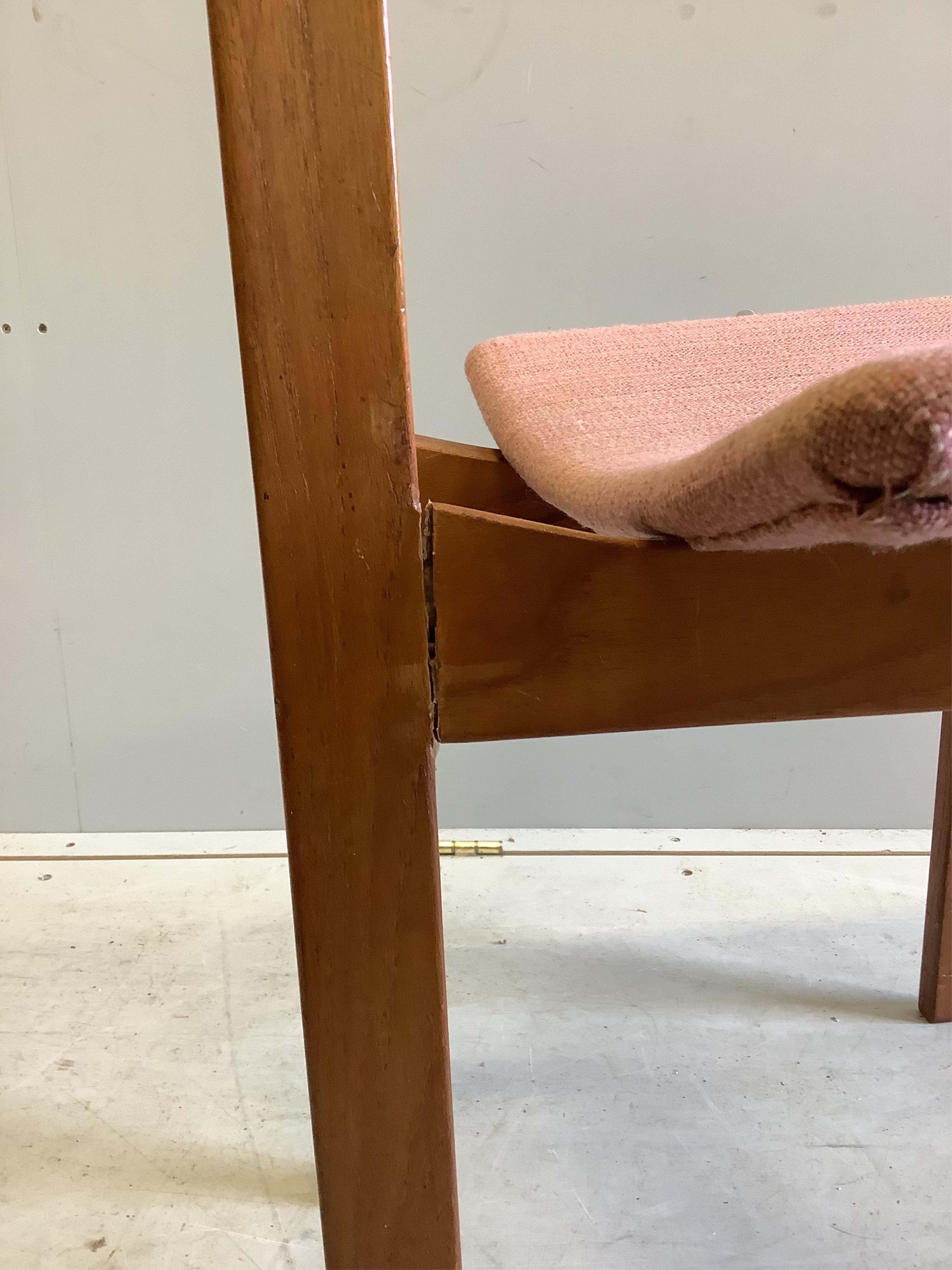 Five mid century Danish teak dining chairs by France & Sons, designed by Inger Klingenberg and purchased from Liberty in 1962, width 47cm, depth 48cm, height 74cm